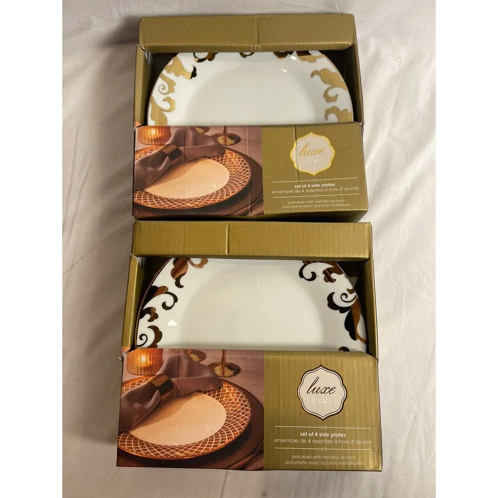 Luxe by Ciroa Porcelain Side Plates Set of 8 Gold Metallic Scroll White 7.5 inch